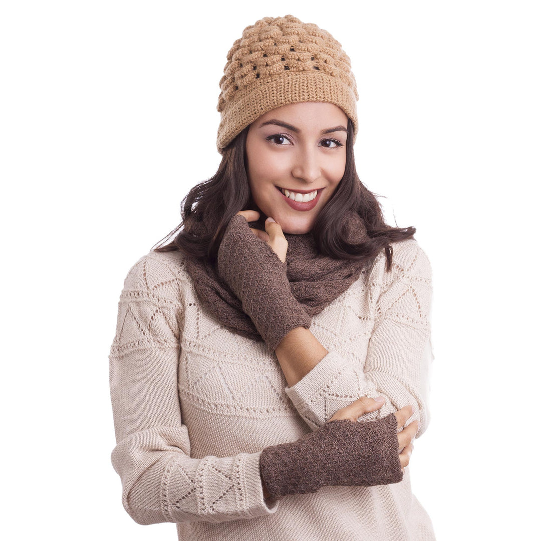 Patterned 100% Baby Alpaca Fingerless Mitts in Chestnut - Gossamer in Chestnut