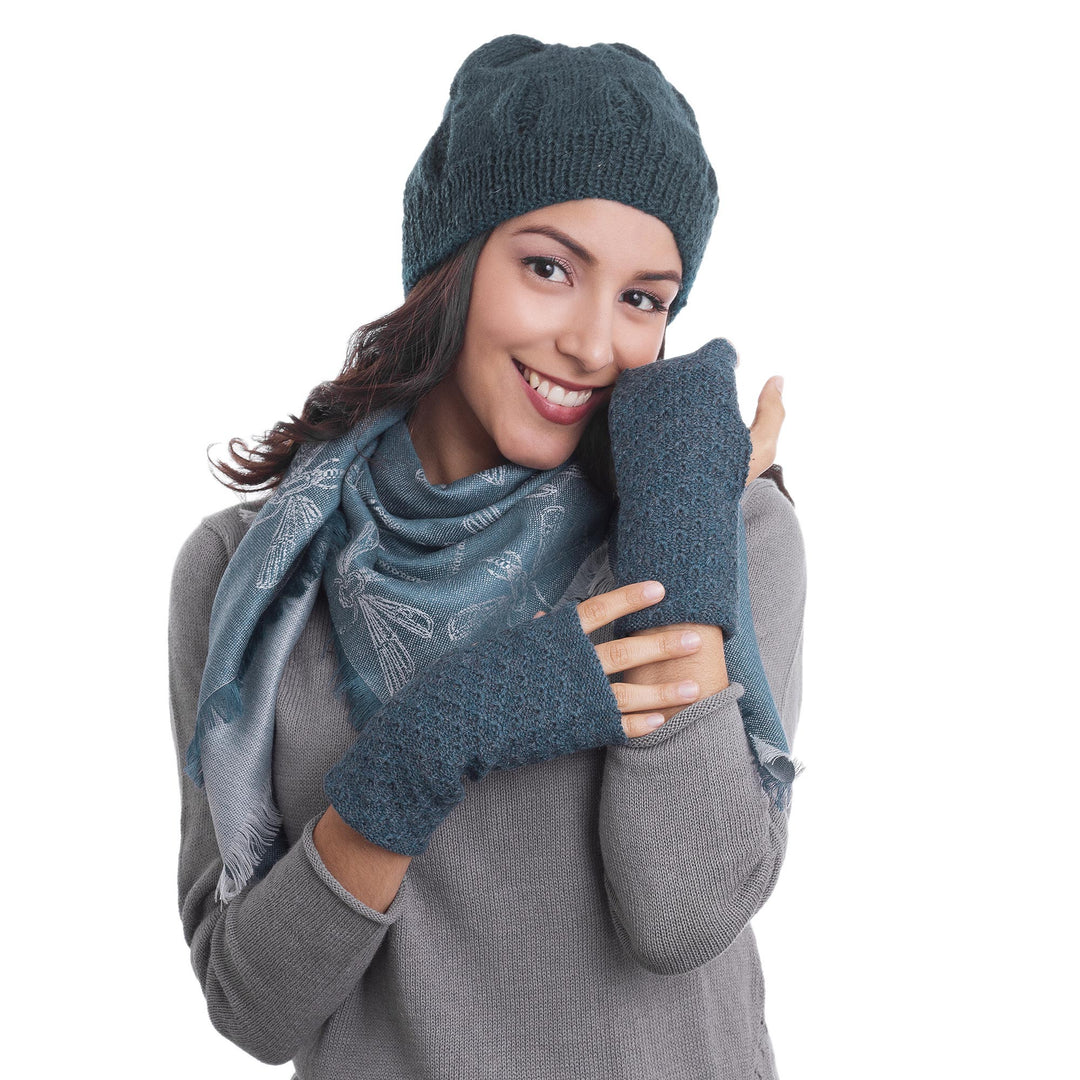 Patterned 100% Baby Alpaca Fingerless Mitts in Teal - Gossamer Teal