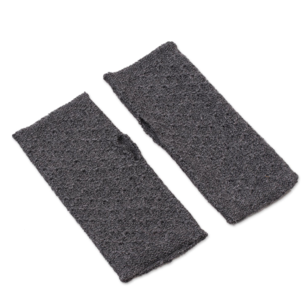 Patterned 100% Baby Alpaca Fingerless Mitts in Graphite - Gossamer in Graphite
