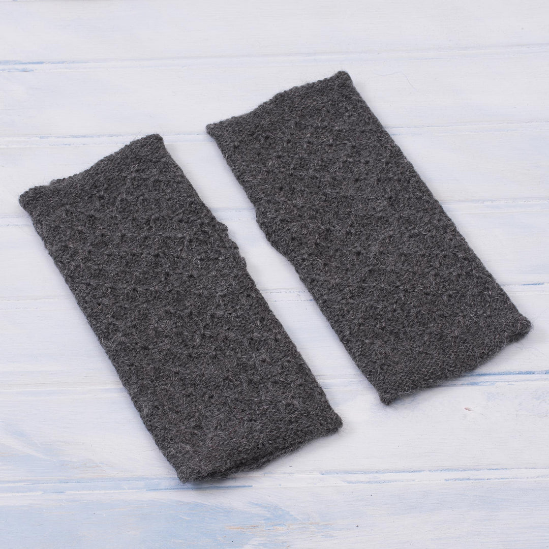 Patterned 100% Baby Alpaca Fingerless Mitts in Graphite - Gossamer in Graphite