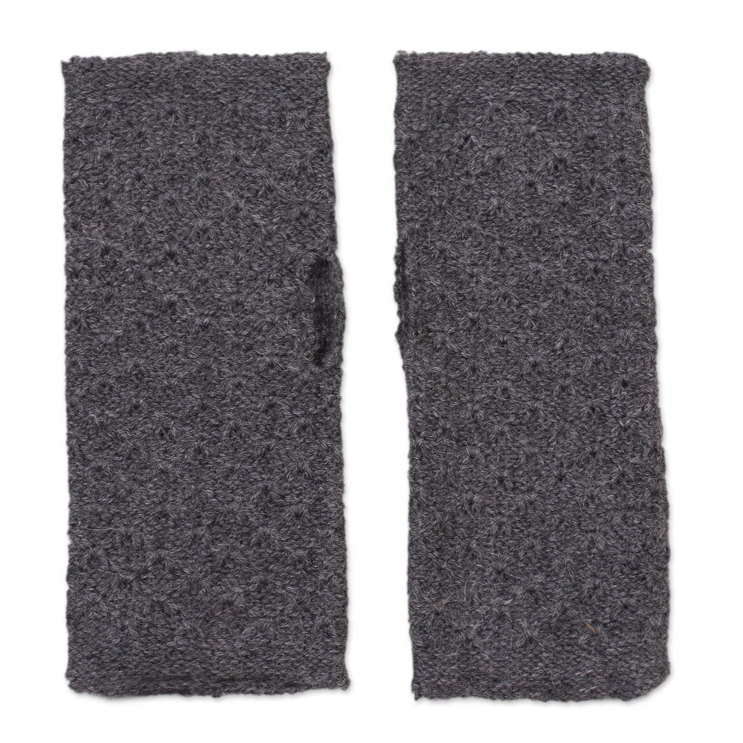 Patterned 100% Baby Alpaca Fingerless Mitts in Graphite - Gossamer in Graphite
