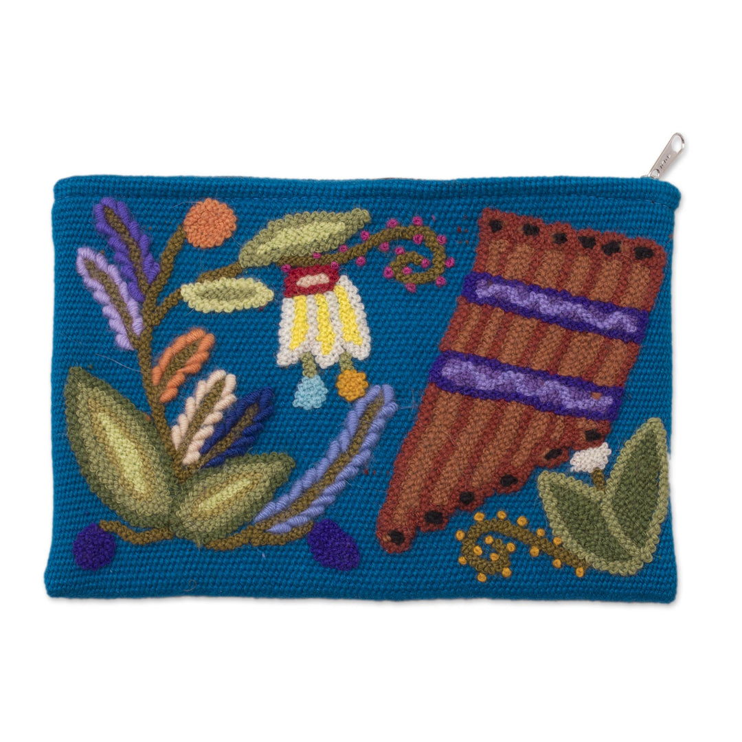Music-Themed Embroidered Wool Clutch from Peru - Nature's Flute
