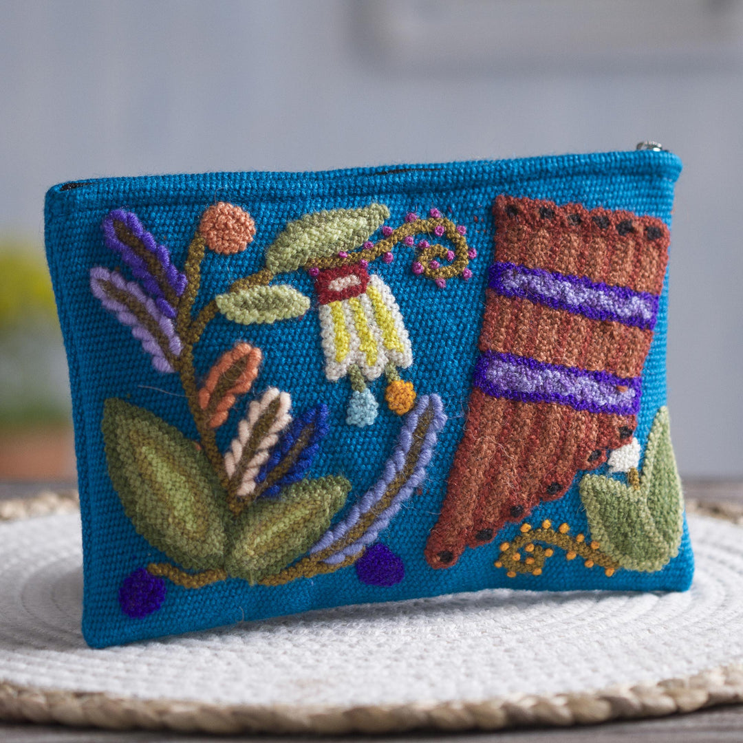 Music-Themed Embroidered Wool Clutch from Peru - Nature's Flute