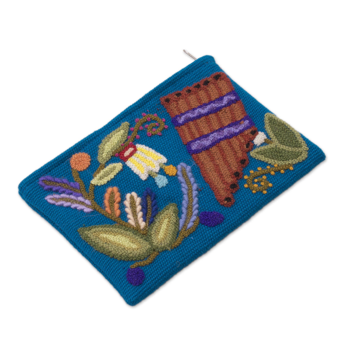 Music-Themed Embroidered Wool Clutch from Peru - Nature's Flute