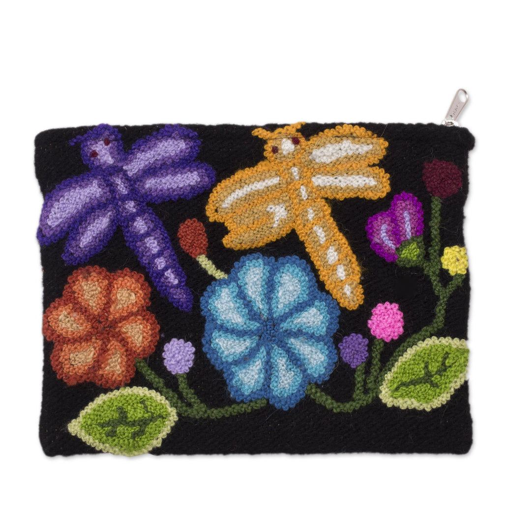 Dragonfly Pattern Embroidered Wool Clutch from Peru - Dragonflies in Nature