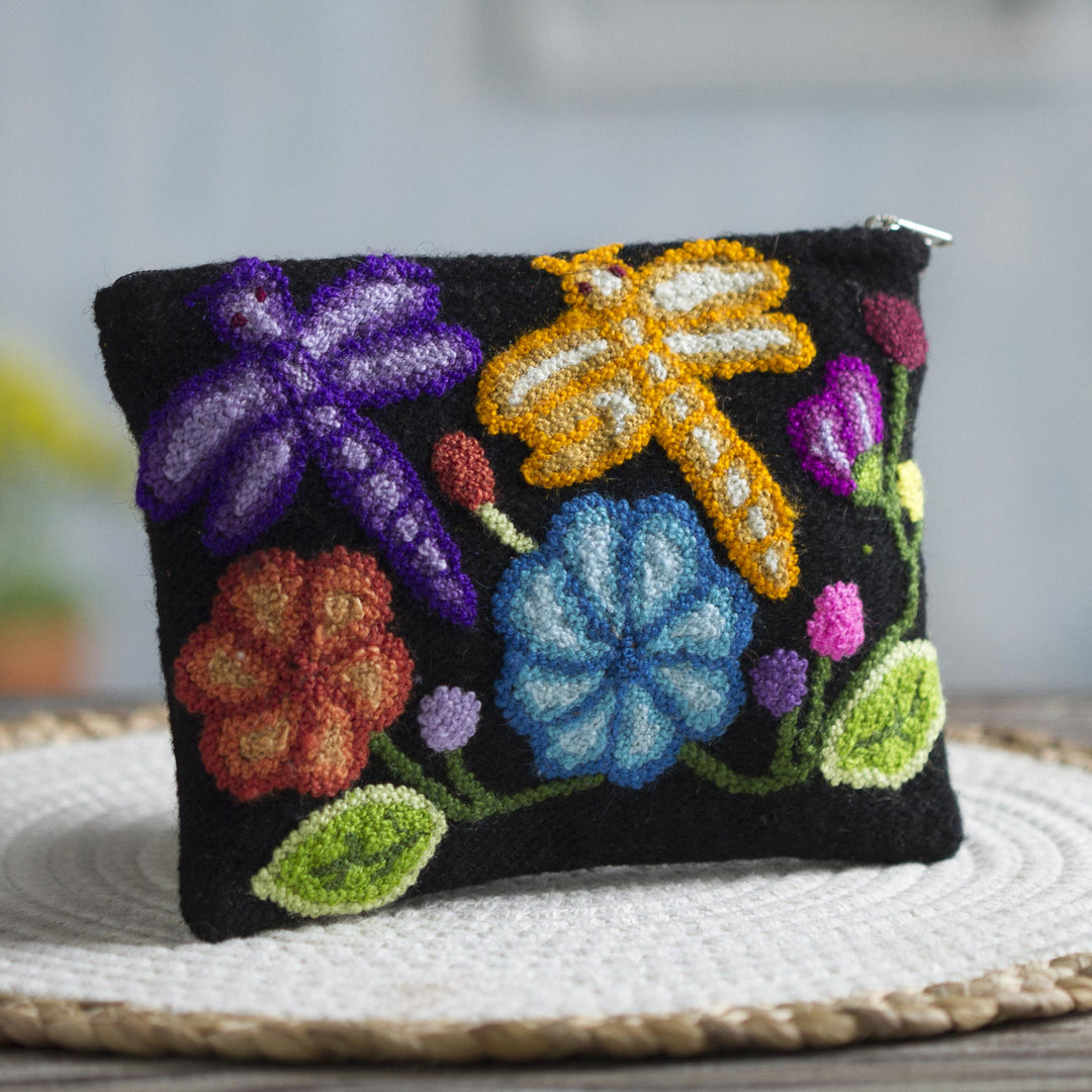Dragonfly Pattern Embroidered Wool Clutch from Peru - Dragonflies in Nature