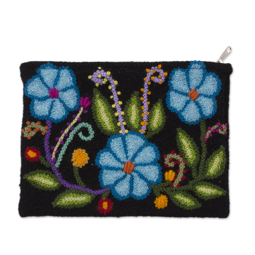 Blue Floral Embroidered Wool Clutch from Peru - Floral Nature