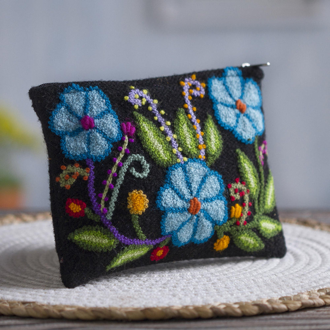 Blue Floral Embroidered Wool Clutch from Peru - Floral Nature