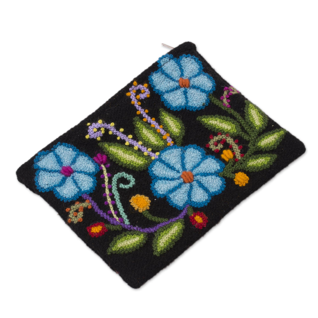 Blue Floral Embroidered Wool Clutch from Peru - Floral Nature
