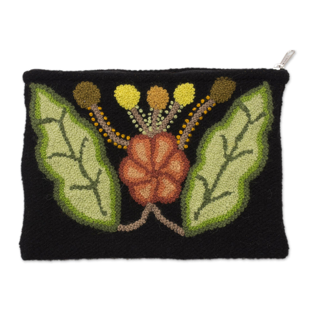 Embroidered Floral Wool Clutch from Peru - Queen Flower