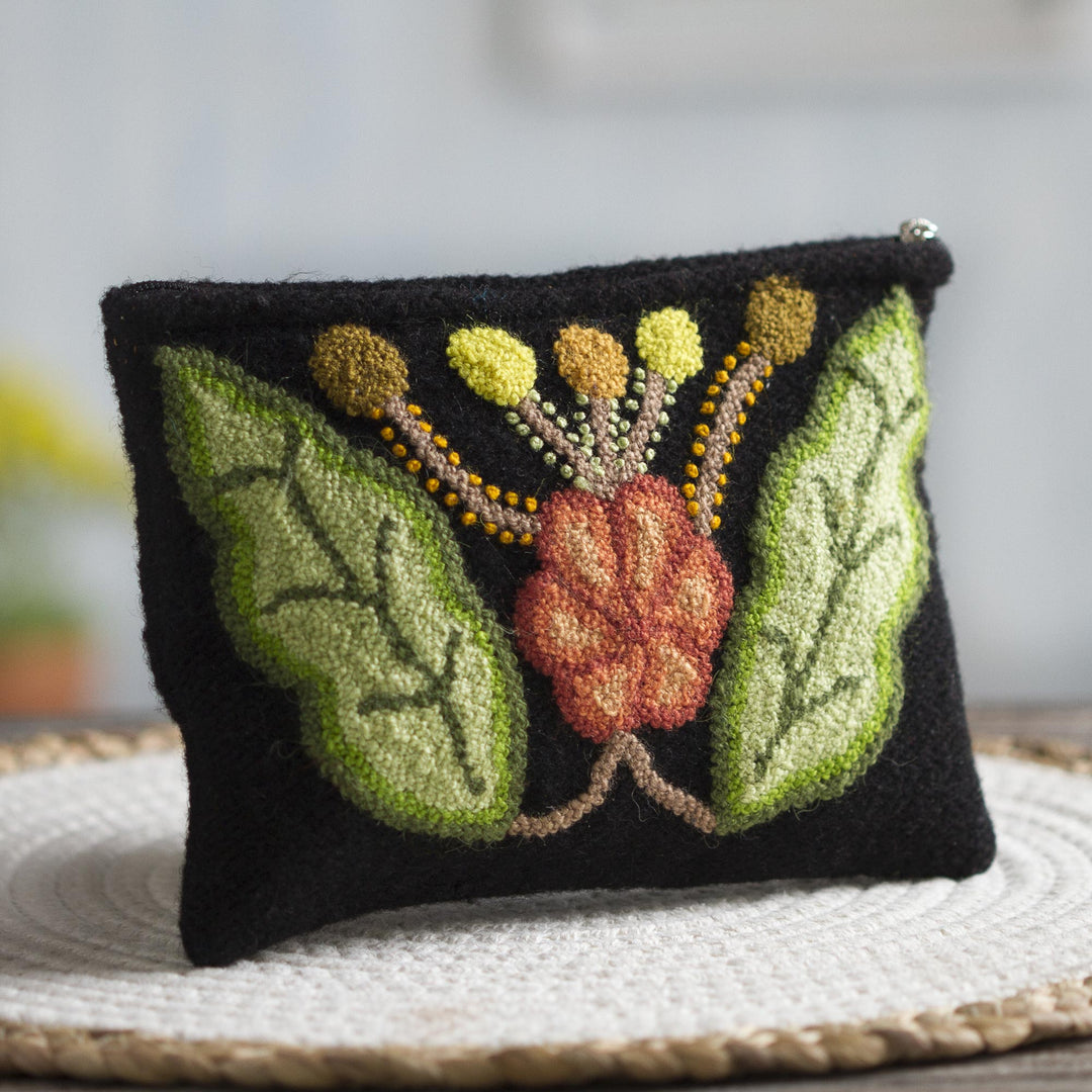 Embroidered Floral Wool Clutch from Peru - Queen Flower