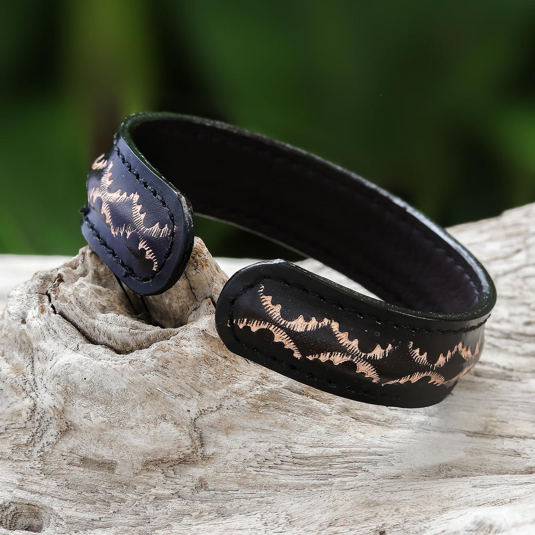 Diamond Pattern Leather Cuff Bracelet in Black from Thailand - Thai Pattern in Black