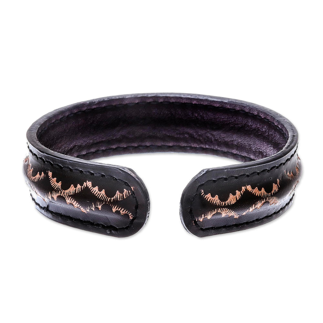 Diamond Pattern Leather Cuff Bracelet in Black from Thailand - Thai Pattern in Black