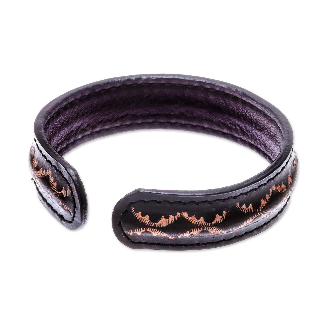 Diamond Pattern Leather Cuff Bracelet in Black from Thailand - Thai Pattern in Black