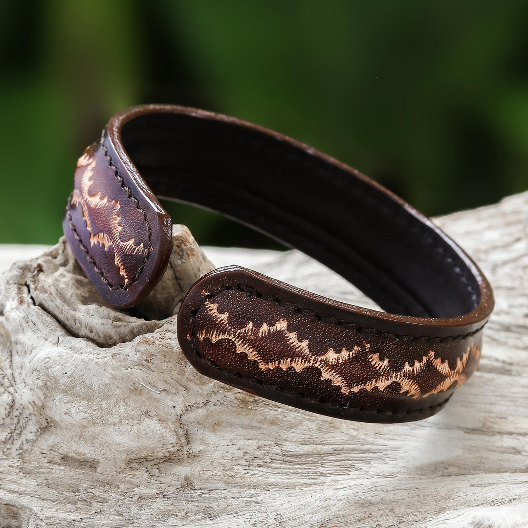 Diamond Pattern Leather Cuff Bracelet in Brown from Thailand - Thai Pattern in Brown