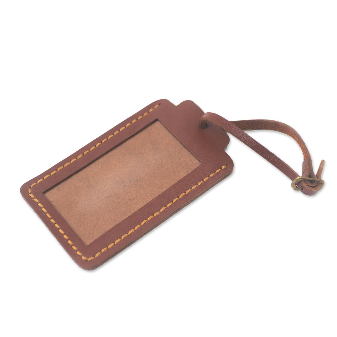 Brown Leather Luggage Tag in Black Crafted in Java - Identity in Brown