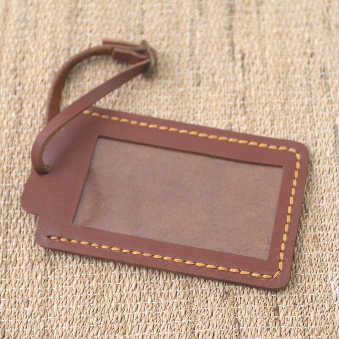 Brown Leather Luggage Tag in Black Crafted in Java - Identity in Brown