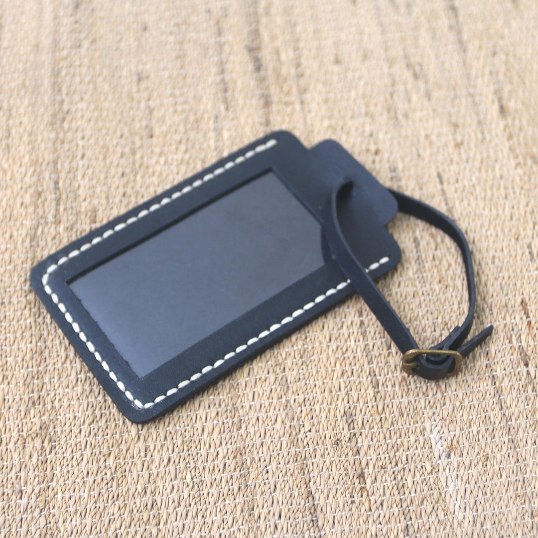 Brown Leather Luggage Tag in Brown Crafted in Java - Identity in Black