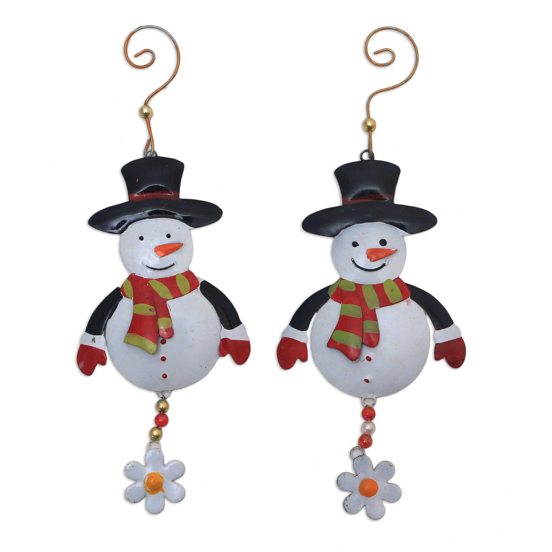 Handcrafted Steel Snowman Ornaments from Bali (Pair) - Snowman Delight