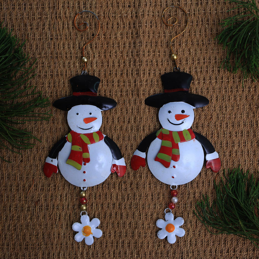 Handcrafted Steel Snowman Ornaments from Bali (Pair) - Snowman Delight
