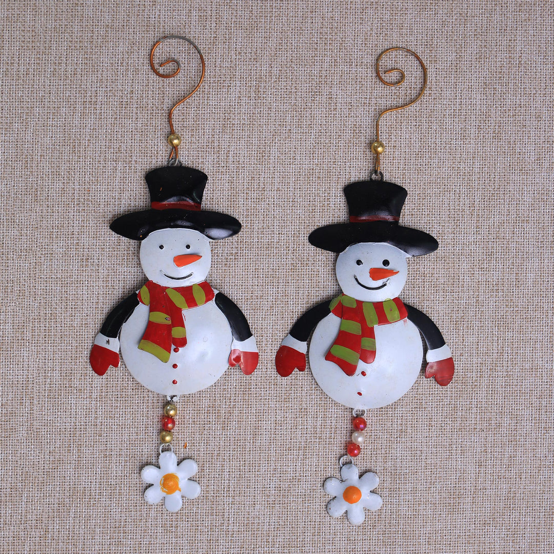 Handcrafted Steel Snowman Ornaments from Bali (Pair) - Snowman Delight