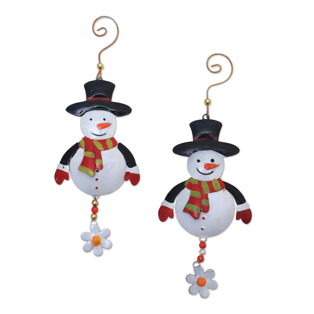Handcrafted Steel Snowman Ornaments from Bali (Pair) - Snowman Delight
