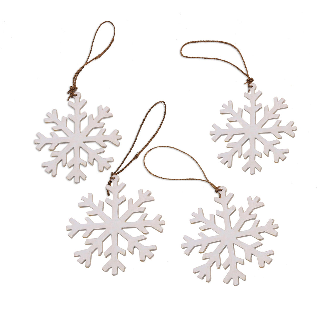 White Snowflake Wood Ornaments from Bali (Set of 4) - White Snowflakes