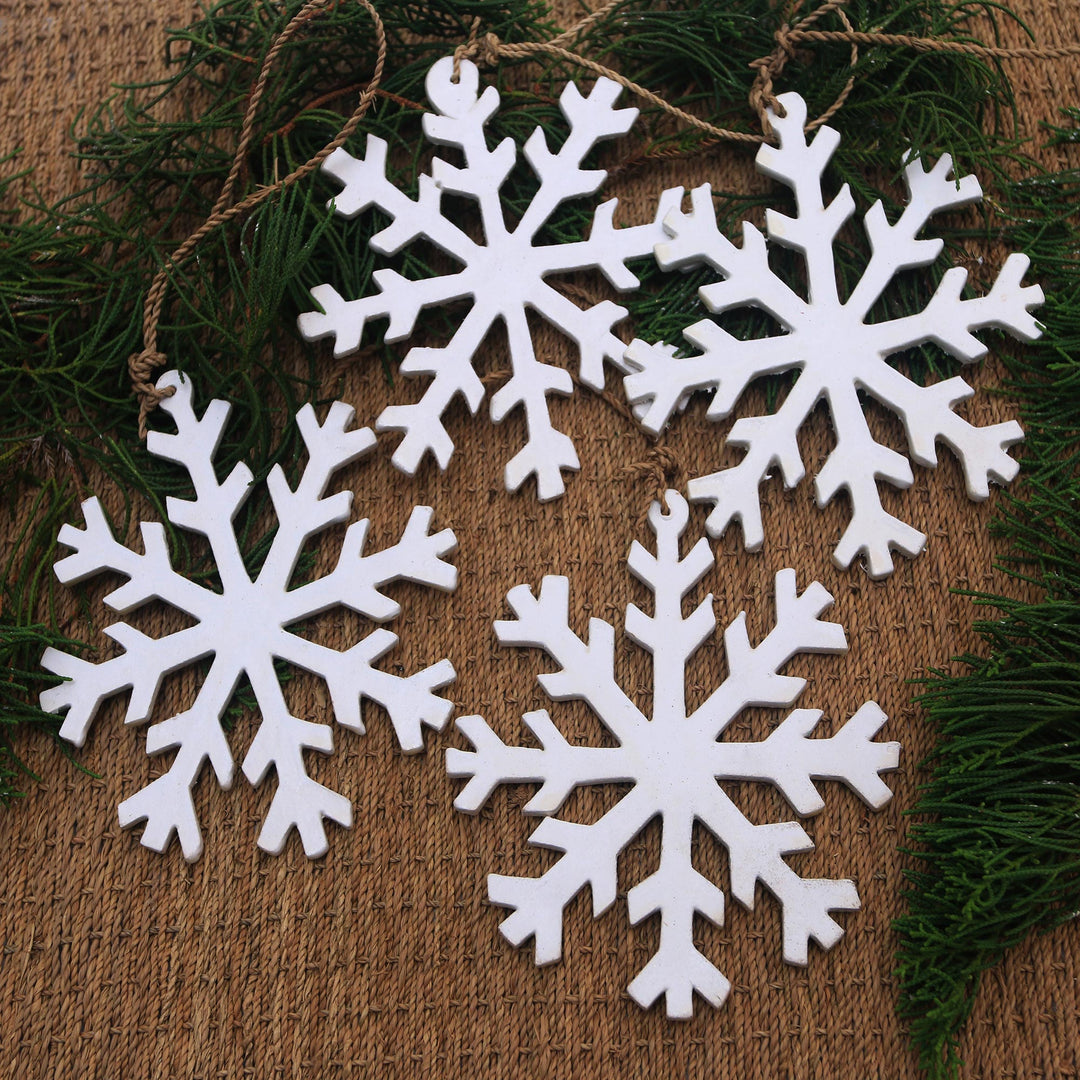 White Snowflake Wood Ornaments from Bali (Set of 4) - White Snowflakes