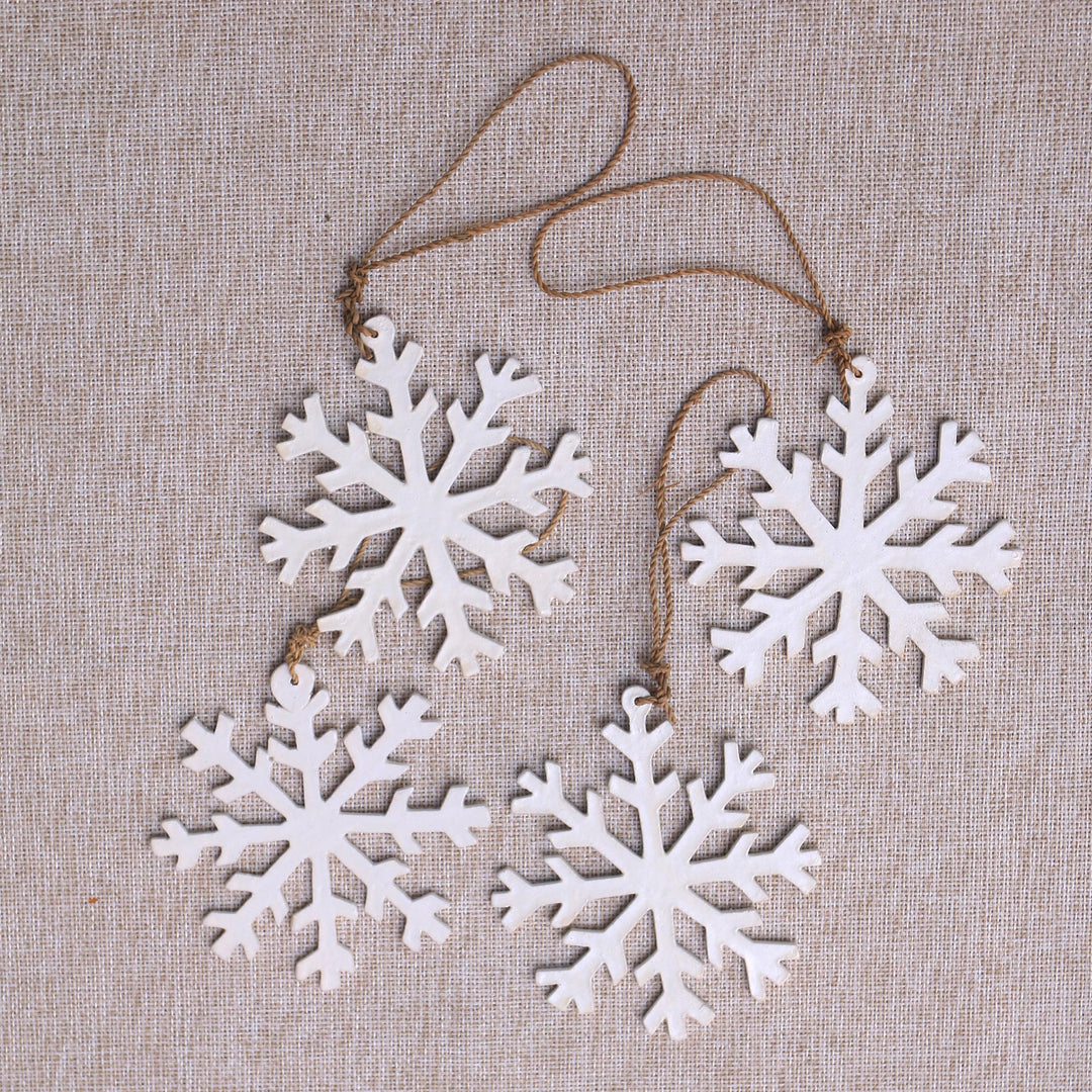 White Snowflake Wood Ornaments from Bali (Set of 4) - White Snowflakes
