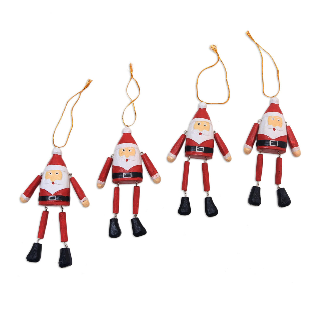 Dangling Wood Santa Ornaments from Bali (Set of 4) - Dancing Santas