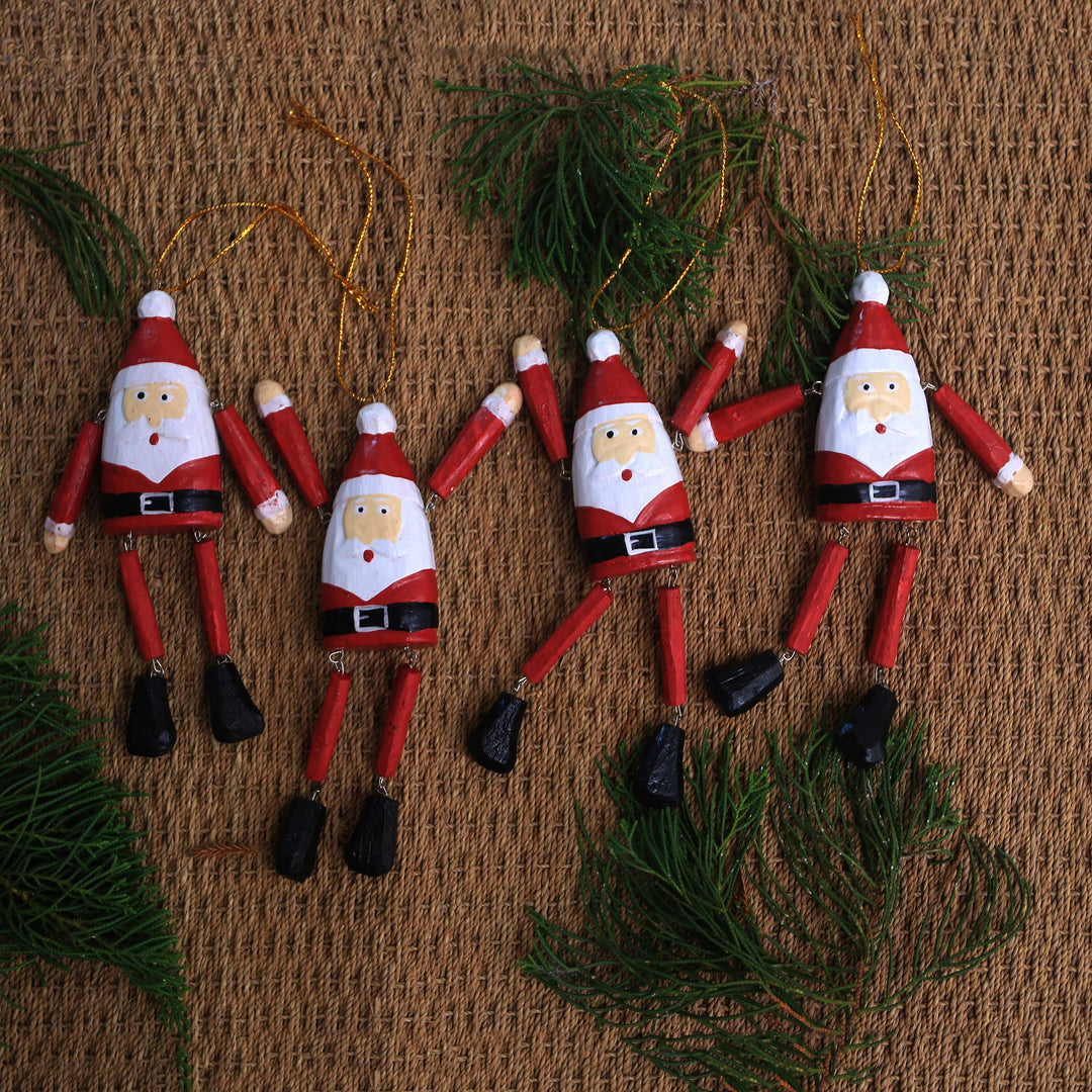 Dangling Wood Santa Ornaments from Bali (Set of 4) - Dancing Santas