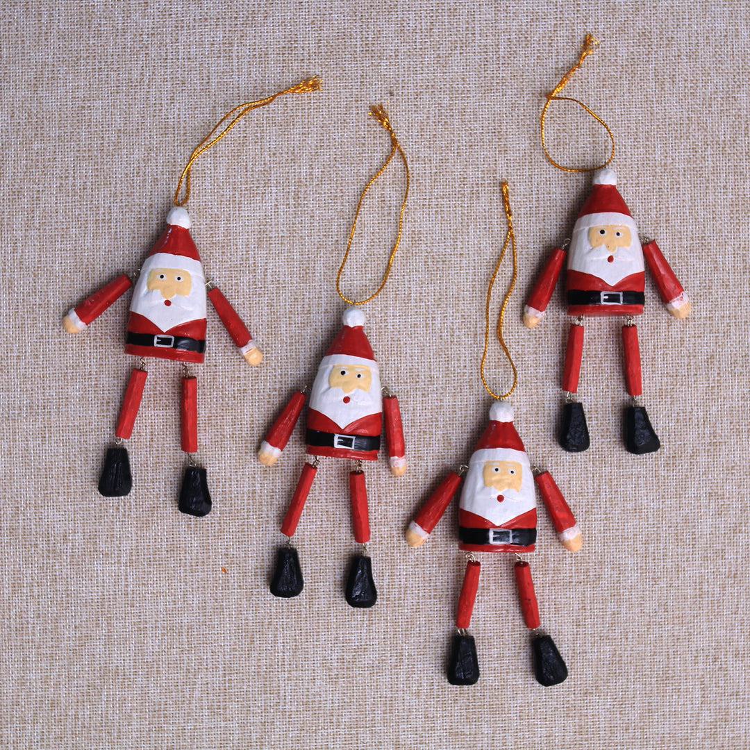 Dangling Wood Santa Ornaments from Bali (Set of 4) - Dancing Santas