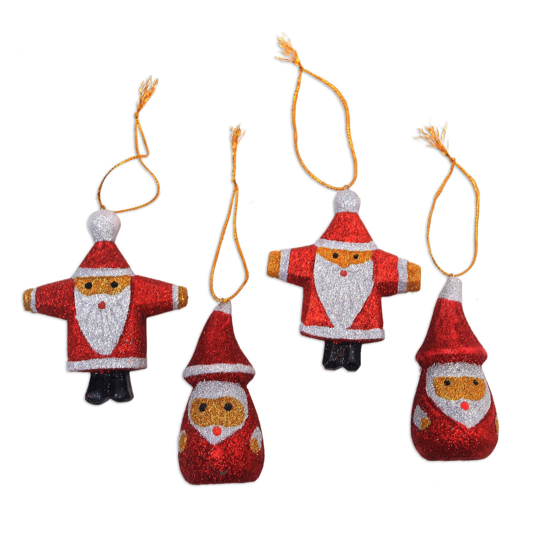 Glittering Wood Santa Ornaments from Bali (Set of 4) - Sparkling Santas