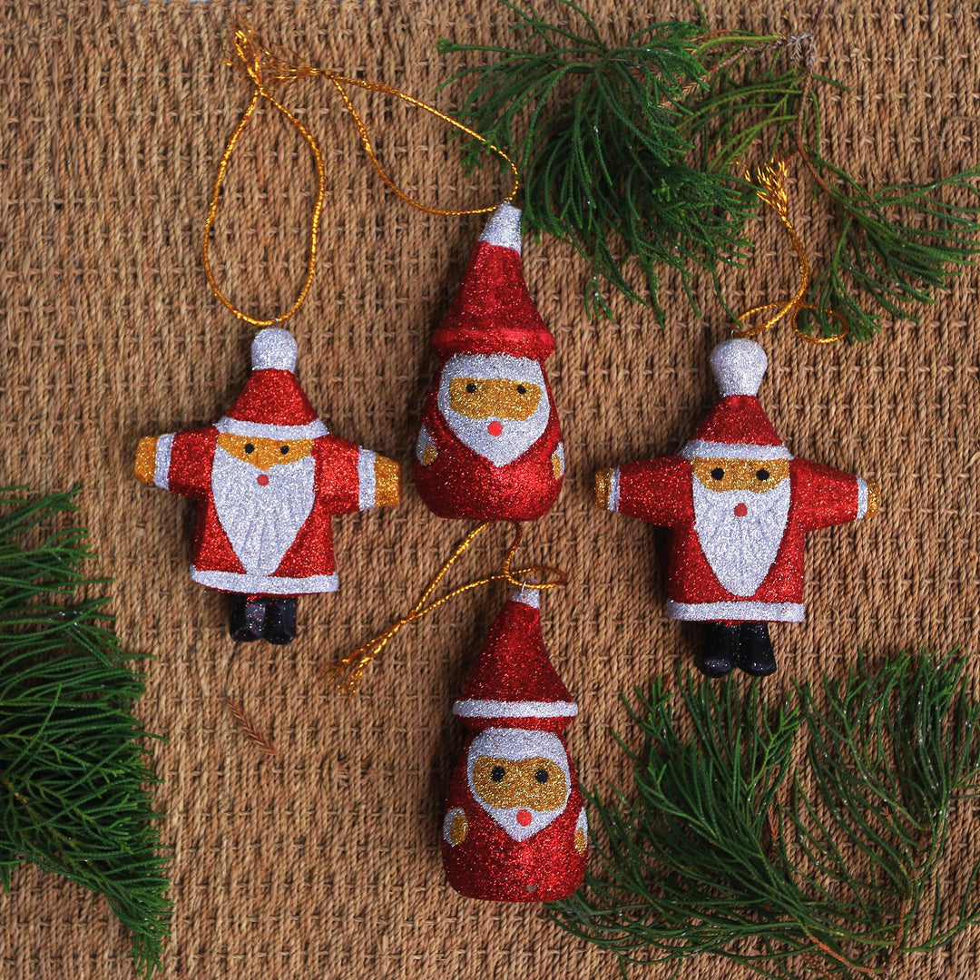 Glittering Wood Santa Ornaments from Bali (Set of 4) - Sparkling Santas