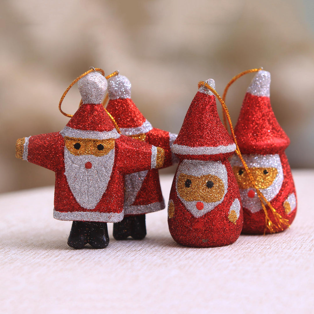 Glittering Wood Santa Ornaments from Bali (Set of 4) - Sparkling Santas