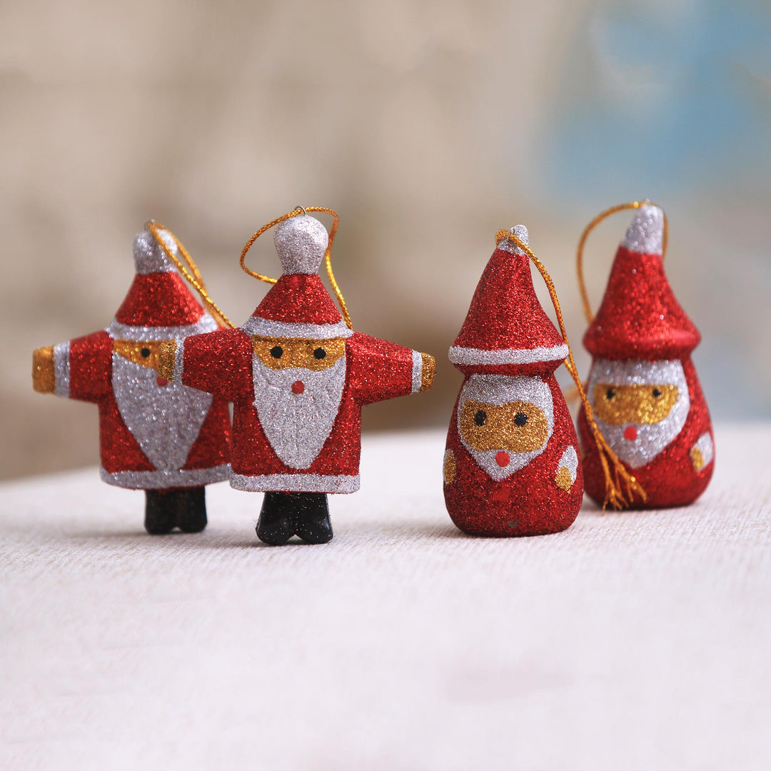 Glittering Wood Santa Ornaments from Bali (Set of 4) - Sparkling Santas