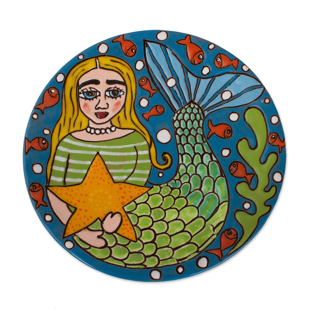 Handmade Ceramic Mermaid Wall Art from Mexico - Mermaid and Starfish