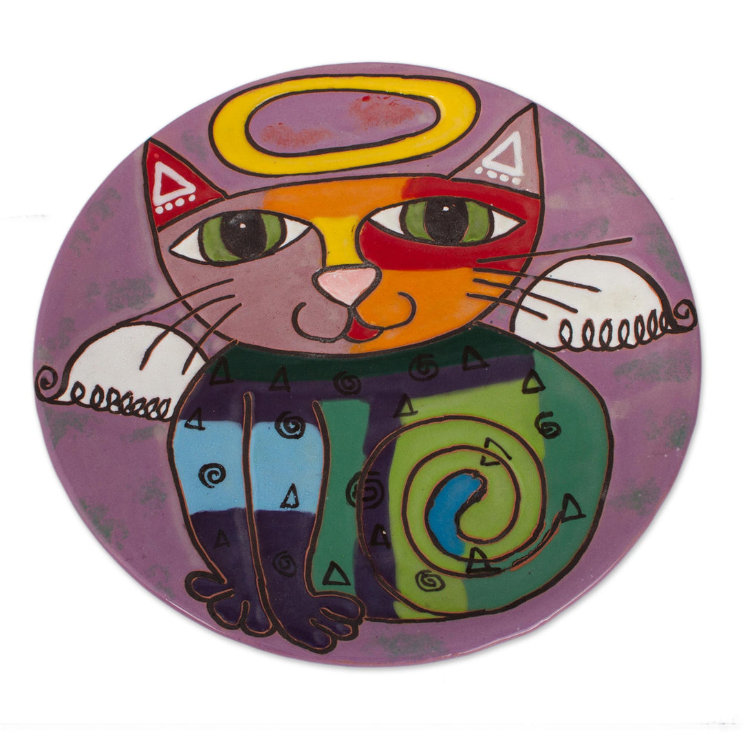 Handcrafted Ceramic Angel Cat Wall Art from Mexico - Angelic Kitty