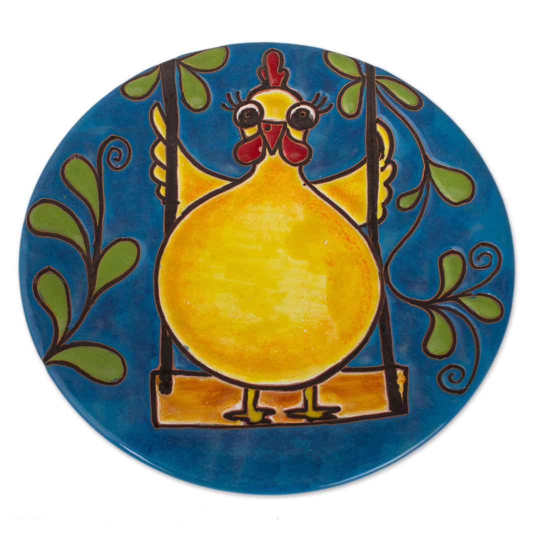 Whimsical Chicken-Themed Ceramic Wall Art from Mexico - Swinging Chicken