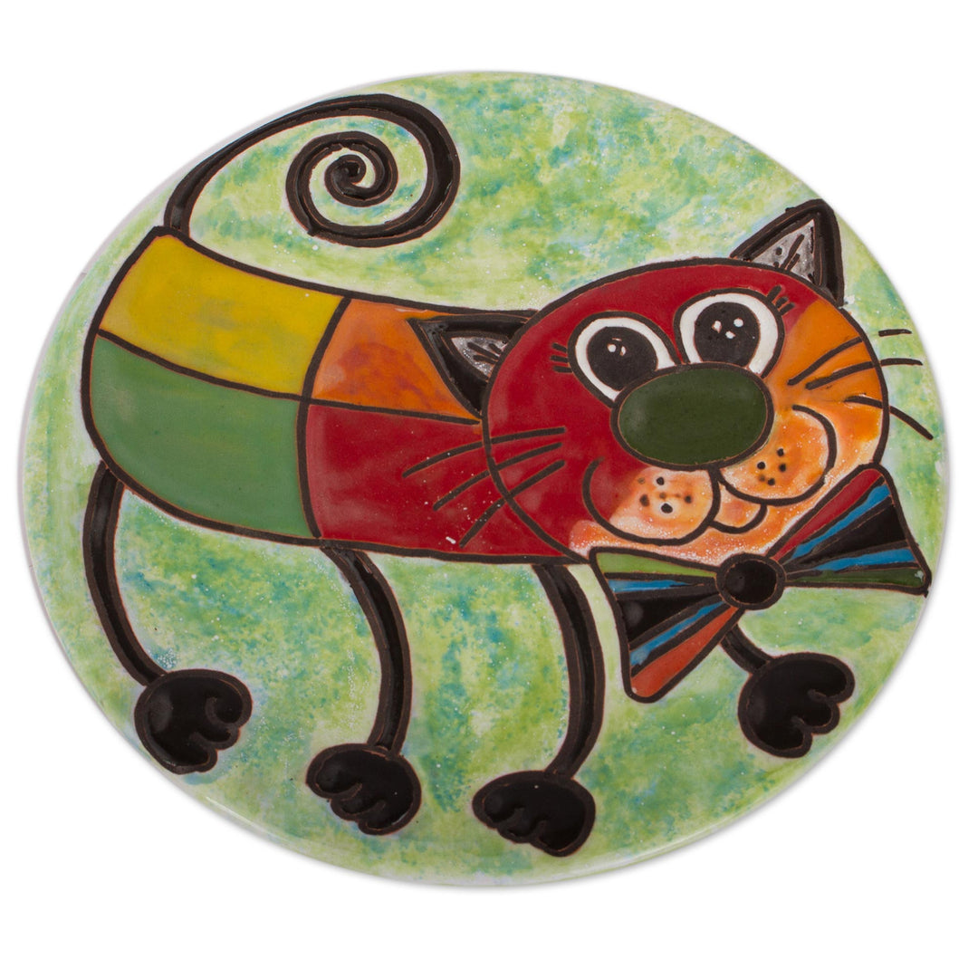 Whimsical Cat-Themed Ceramic Wall Art from Mexico - Bow Tie Cat