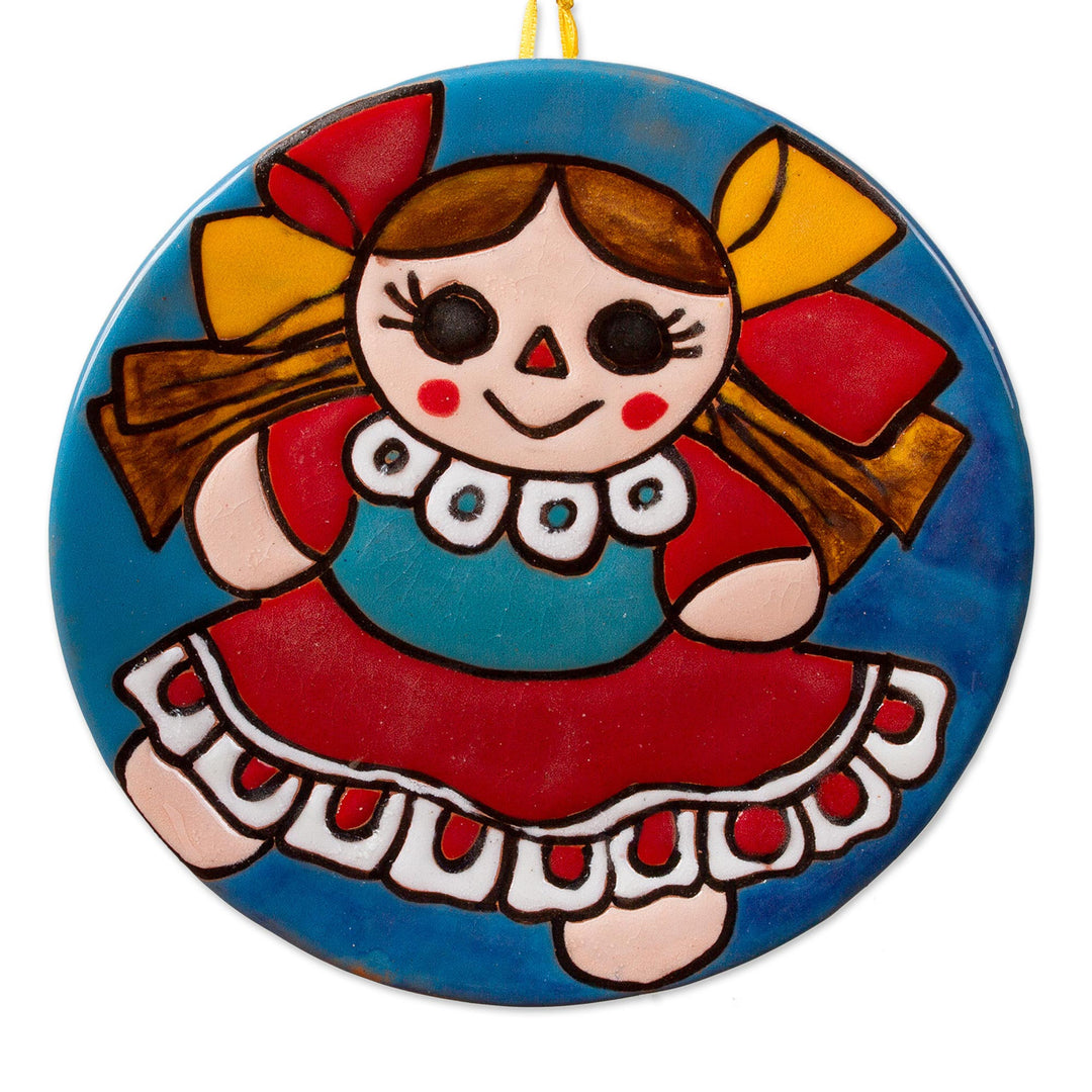 Ceramic Wall Art of a Maria Doll in a Red Dress from Mexico - Delightful Maria Doll