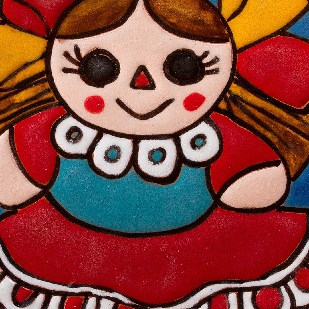 Ceramic Wall Art of a Maria Doll in a Red Dress from Mexico - Delightful Maria Doll