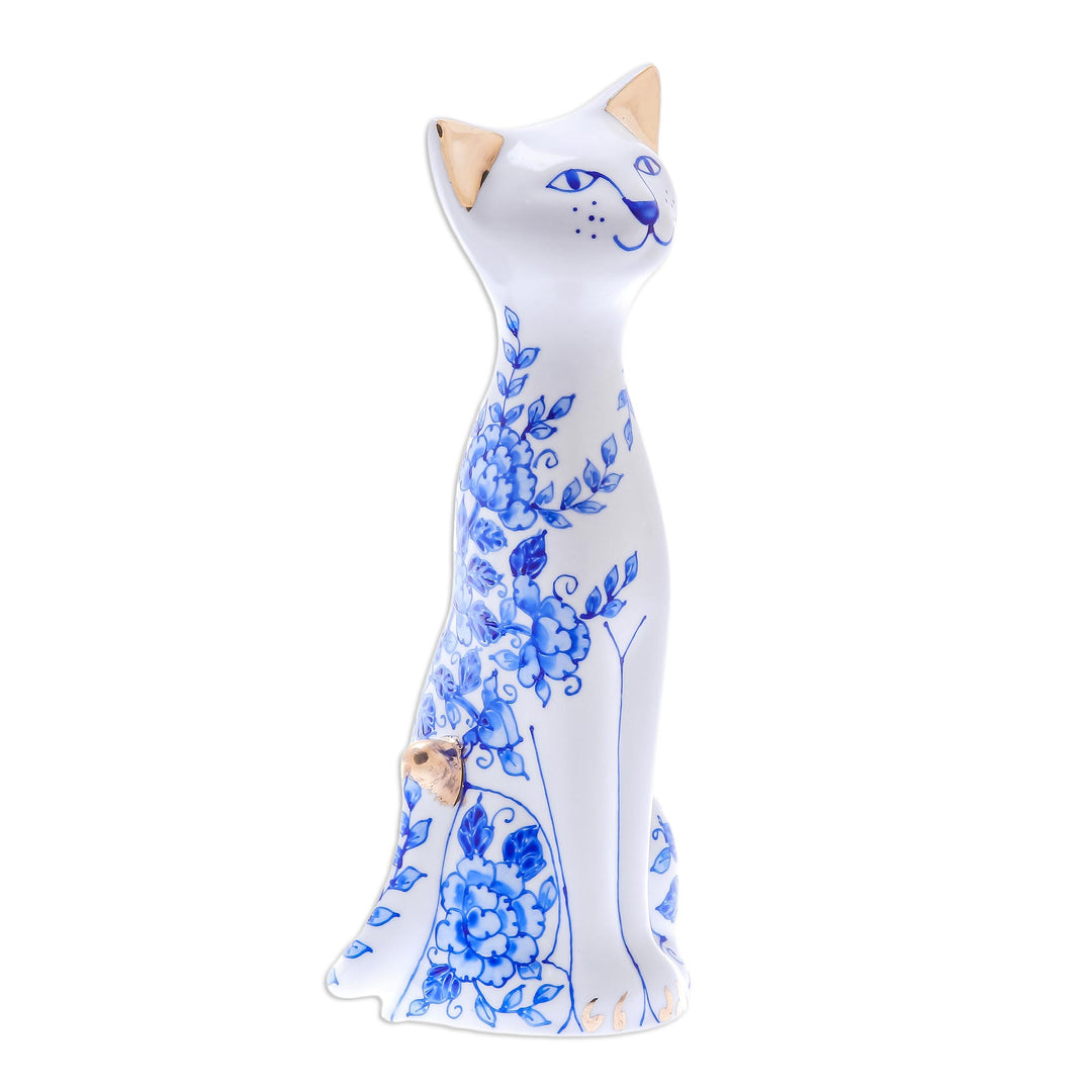 Floral Benjarong Porcelain Cat Statuette (7.5 in.) - Happy Floral Cat
