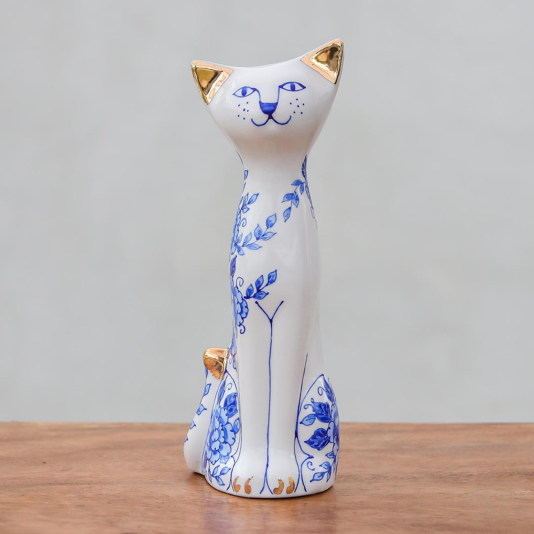 Floral Benjarong Porcelain Cat Statuette (7.5 in.) - Happy Floral Cat