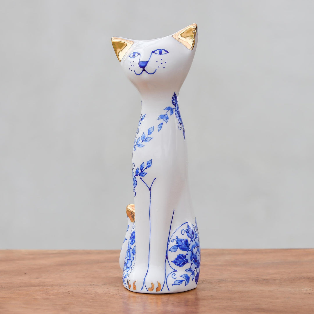 Floral Benjarong Porcelain Cat Statuette (7.5 in.) - Happy Floral Cat