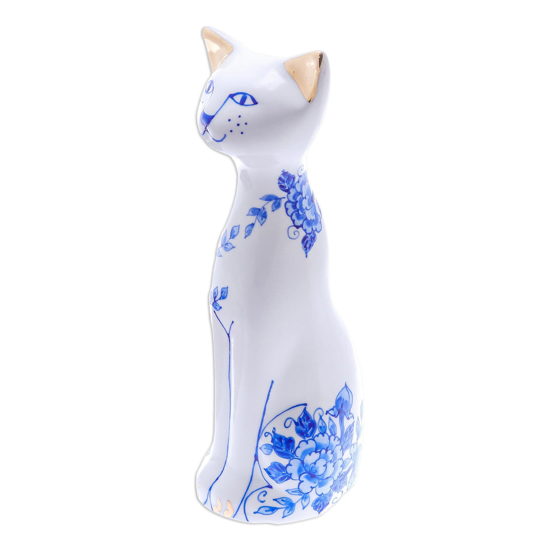 Floral Benjarong Porcelain Cat Statuette (7.5 in.) - Happy Floral Cat