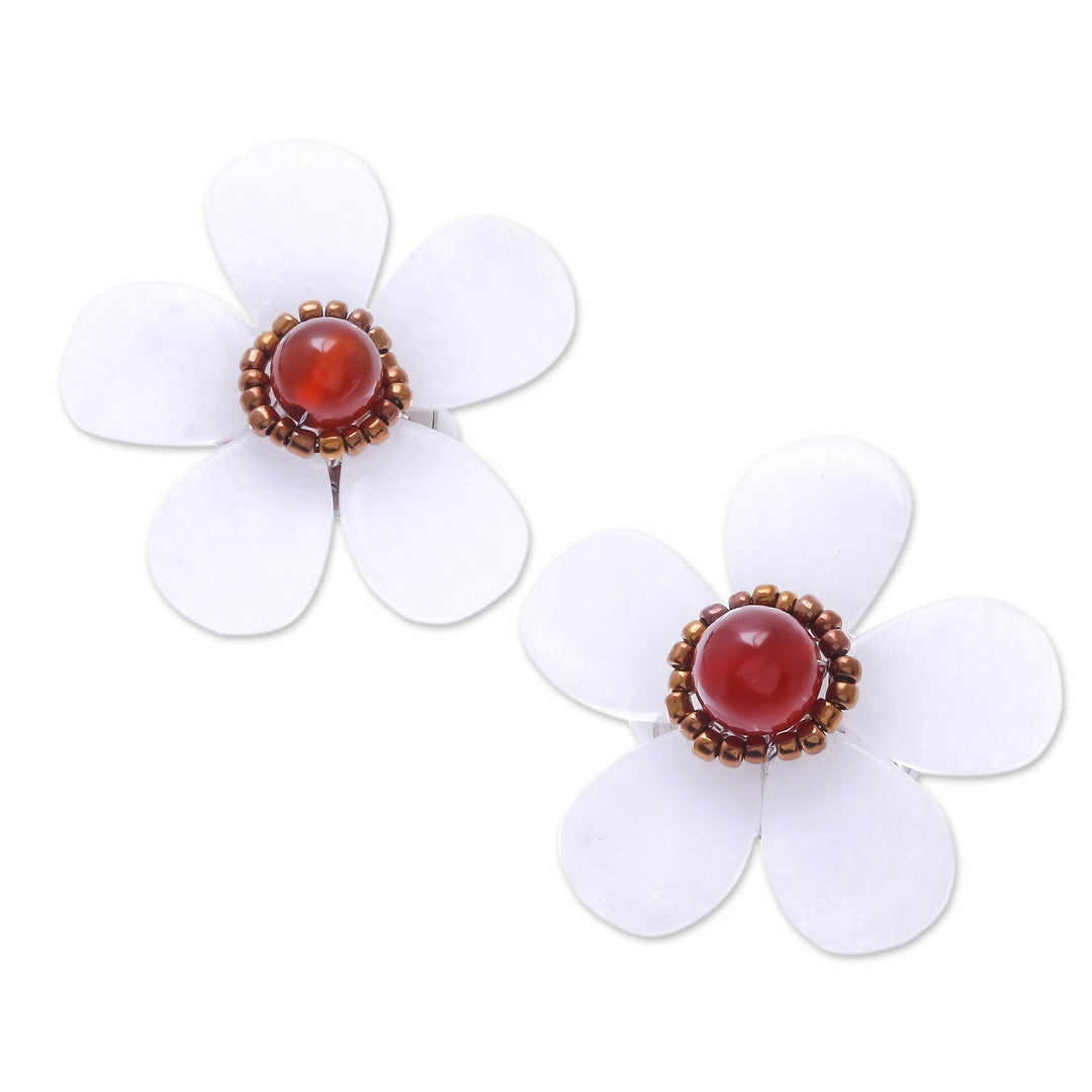 Floral Quartz and Carnelian Clip-On Earrings from Thailand - White Flower Garden