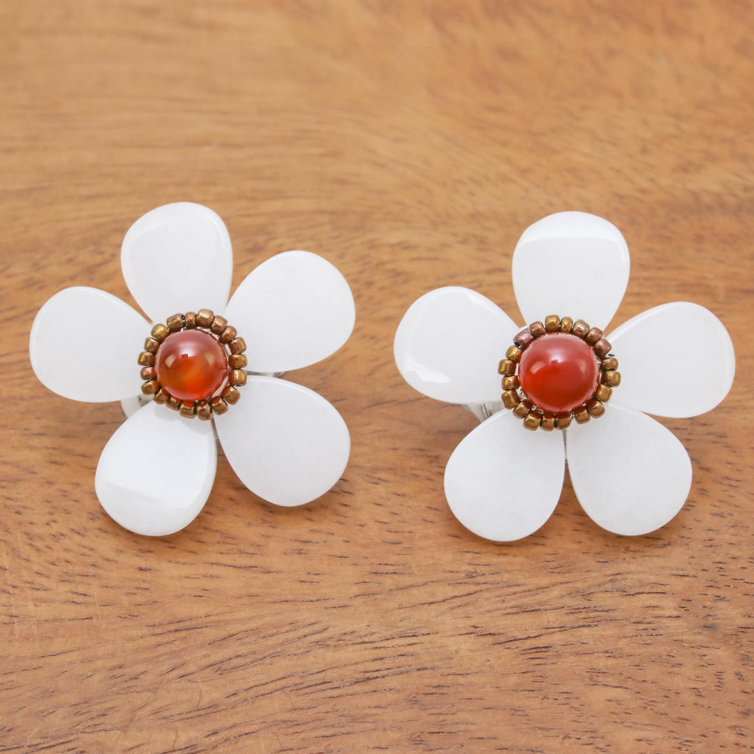 Floral Quartz and Carnelian Clip-On Earrings from Thailand - White Flower Garden