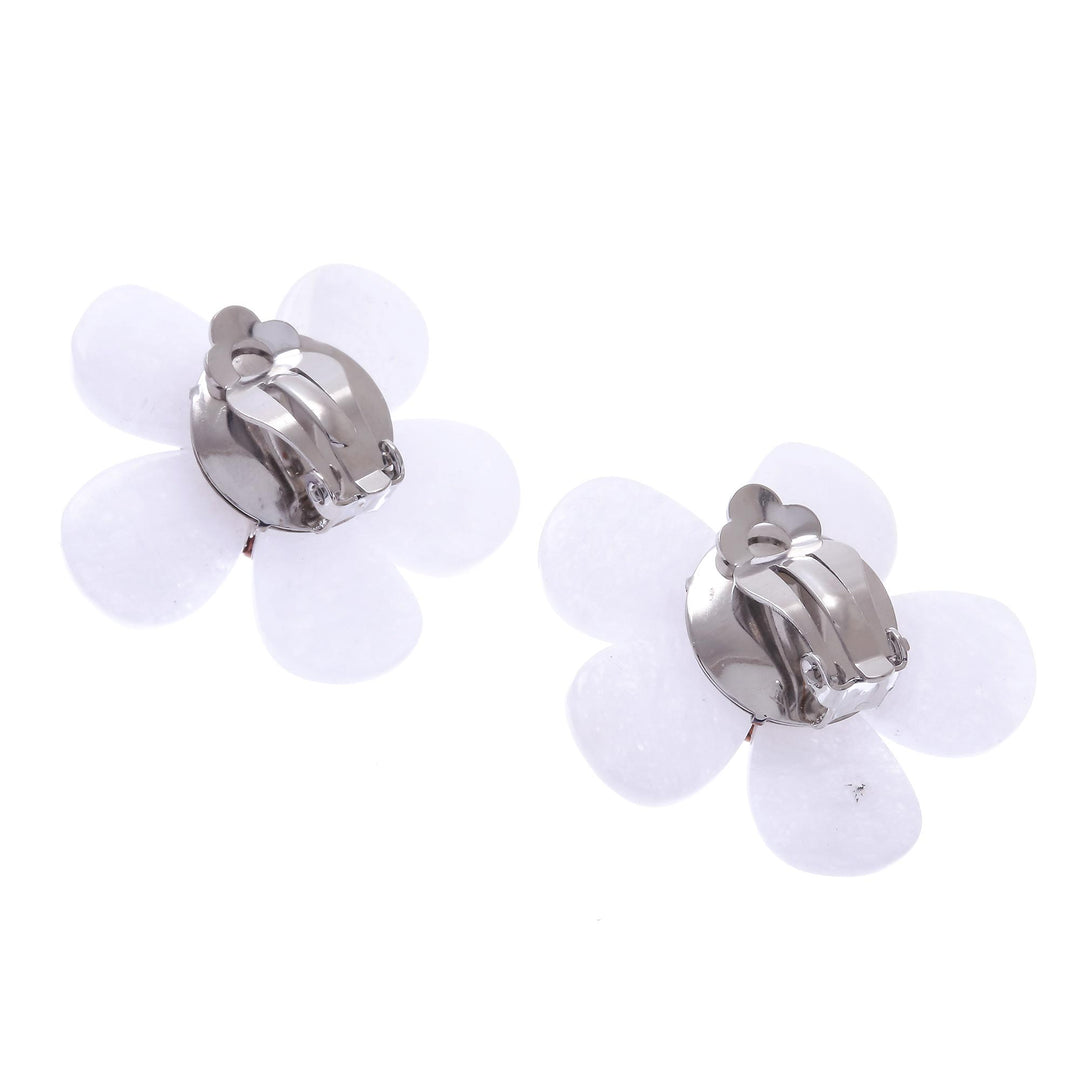 Floral Quartz and Carnelian Clip-On Earrings from Thailand - White Flower Garden