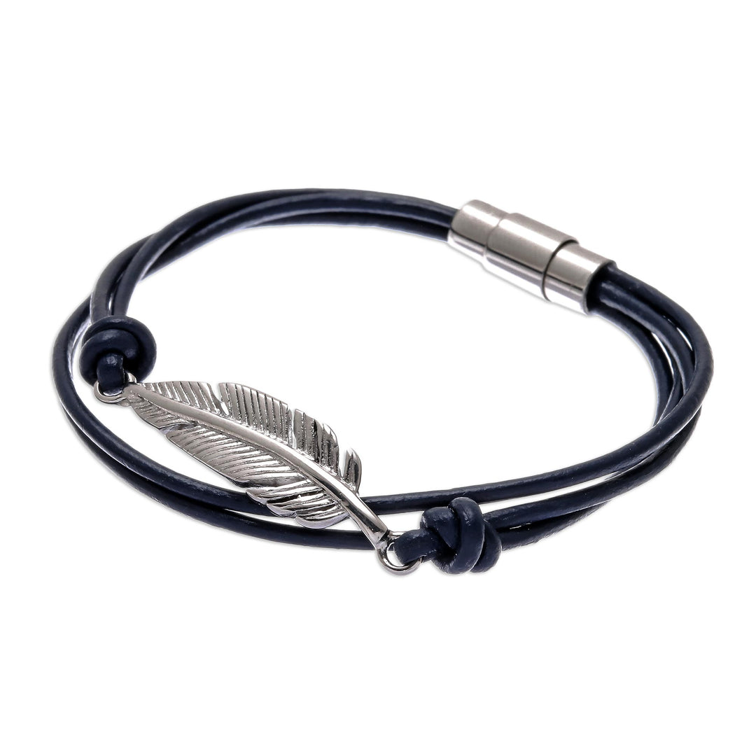 Stainless Steel and Navy Leather Feather Pendant Bracelet - Stunning Feather in Navy